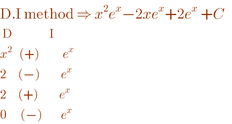 D.I method ⇒ x^2 e^x −2xe^x +2e^x  +C   D                I  x^2    (+)          e^x    2     (−)         e^x   2     (+)         e^x   0      (−)        e^x   