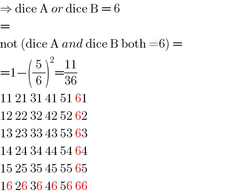 ⇒ dice A or dice B = 6  =  not (dice A and dice B both ≠6) =  =1−((5/6))^2 =((11)/(36))  11 21 31 41 51 61  12 22 32 42 52 62  13 23 33 43 53 63  14 24 34 44 54 64  15 25 35 45 55 65  16 26 36 46 56 66  