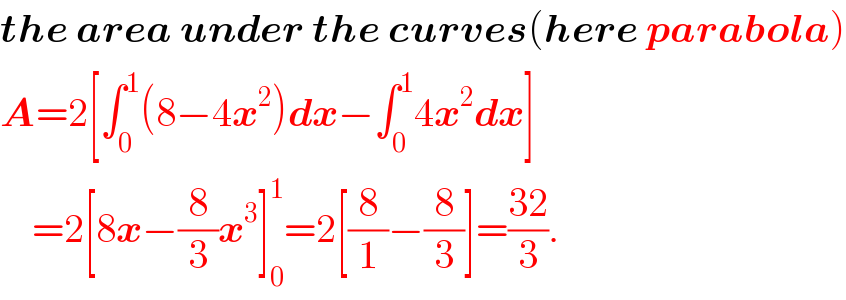 the area under the curves(here parabola)  A=2[∫_0 ^1 (8−4x^2 )dx−∫_0 ^1 4x^2 dx]      =2[8x−(8/3)x^3 ]_0 ^1 =2[(8/1)−(8/3)]=((32)/3).  