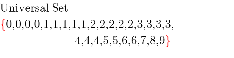Universal Set  {0,0,0,0,1,1,1,1,1,2,2,2,2,2,3,3,3,3,                                  4,4,4,5,5,6,6,7,8,9}  