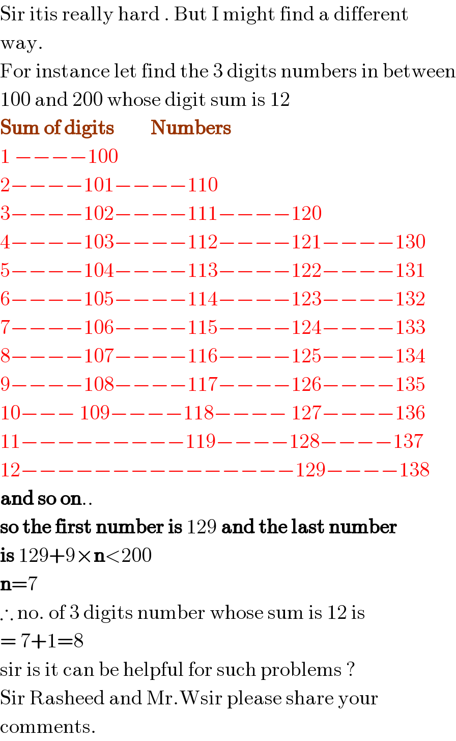 Sir itis really hard . But I might find a different  way.  For instance let find the 3 digits numbers in between  100 and 200 whose digit sum is 12   Sum of digits         Numbers  1 −−−−100  2−−−−101−−−−110  3−−−−102−−−−111−−−−120  4−−−−103−−−−112−−−−121−−−−130  5−−−−104−−−−113−−−−122−−−−131  6−−−−105−−−−114−−−−123−−−−132  7−−−−106−−−−115−−−−124−−−−133  8−−−−107−−−−116−−−−125−−−−134  9−−−−108−−−−117−−−−126−−−−135  10−−− 109−−−−118−−−− 127−−−−136  11−−−−−−−−−119−−−−128−−−−137  12−−−−−−−−−−−−−−−129−−−−138  and so on..  so the first number is 129 and the last number   is 129+9×n<200  n=7  ∴ no. of 3 digits number whose sum is 12 is  = 7+1=8  sir is it can be helpful for such problems ?  Sir Rasheed and Mr.Wsir please share your  comments.  