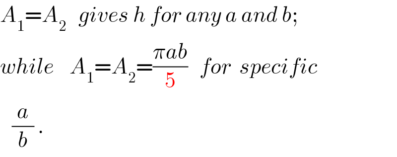 A_1 =A_2    gives h for any a and b;  while    A_1 =A_2 =((πab)/5)   for  specific     (a/b) .  