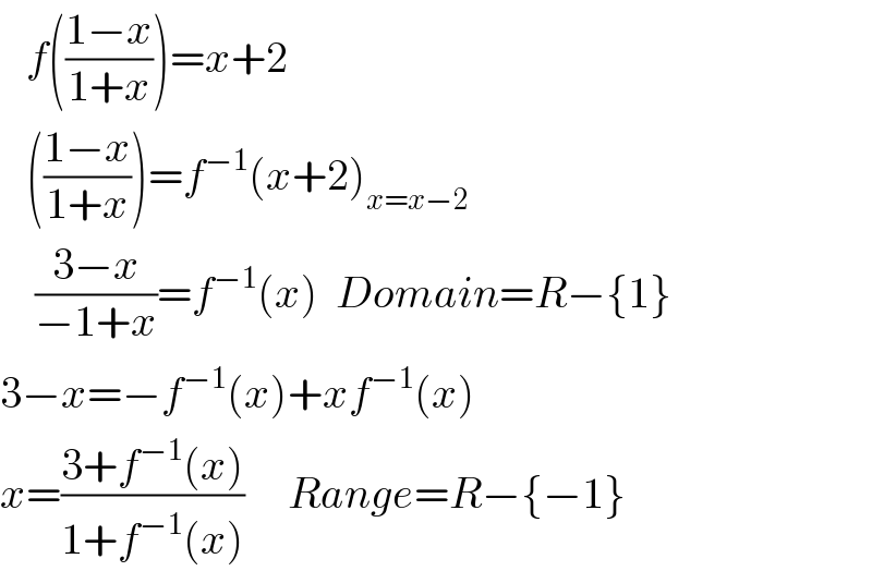    f(((1−x)/(1+x)))=x+2     (((1−x)/(1+x)))=f^(−1) (x+2)_(x=x−2)       ((3−x)/(−1+x))=f^(−1) (x)  Domain=R−{1}  3−x=−f^(−1) (x)+xf^(−1) (x)  x=((3+f^(−1) (x))/(1+f^(−1) (x)))     Range=R−{−1}  
