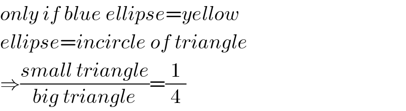 only if blue ellipse=yellow  ellipse=incircle of triangle  ⇒((small triangle)/(big triangle))=(1/4)  