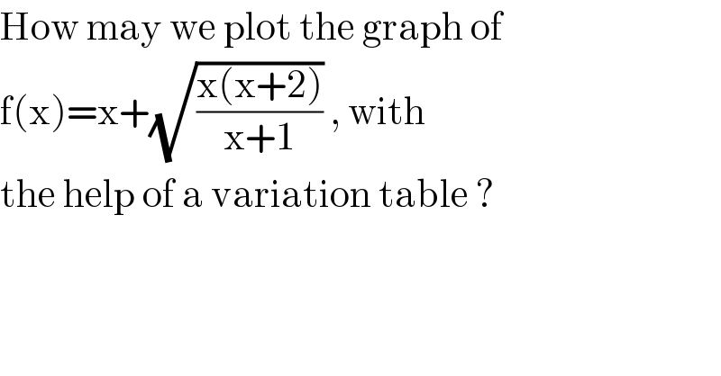 How may we plot the graph of  f(x)=x+(√((x(x+2))/(x+1))) , with  the help of a variation table ?  