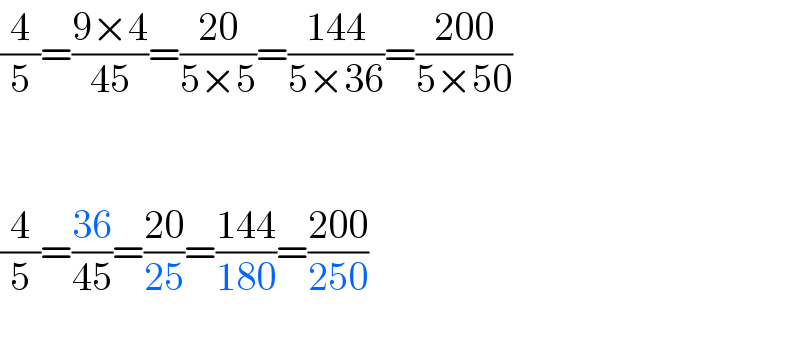 (4/5)=((9×4)/(45))=((20)/(5×5))=((144)/(5×36))=((200)/(5×50)) _   (4/5)=((36)/(45))=((20)/(25))=((144)/(180))=((200)/(250))    