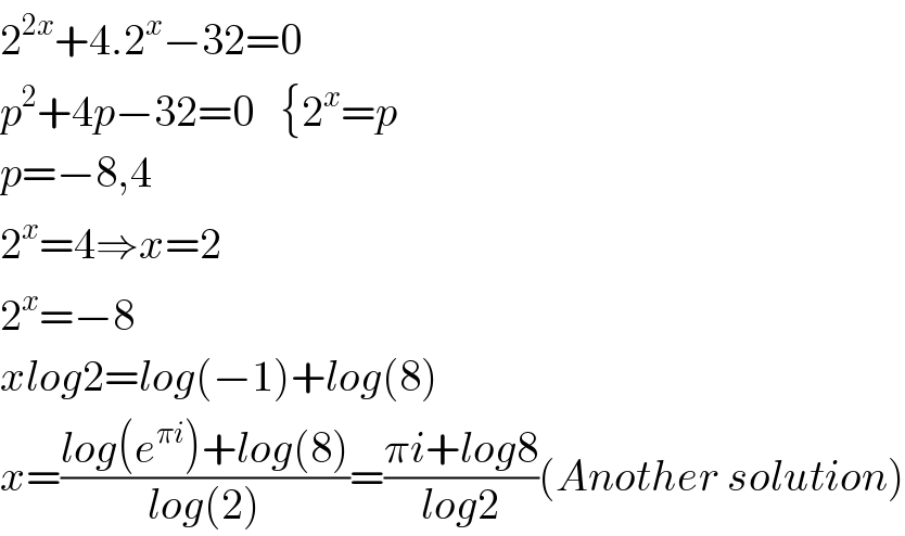 2^(2x) +4.2^x −32=0  p^2 +4p−32=0   {2^x =p  p=−8,4  2^x =4⇒x=2  2^x =−8  xlog2=log(−1)+log(8)  x=((log(e^(πi) )+log(8))/(log(2)))=((πi+log8)/(log2))(Another solution)  