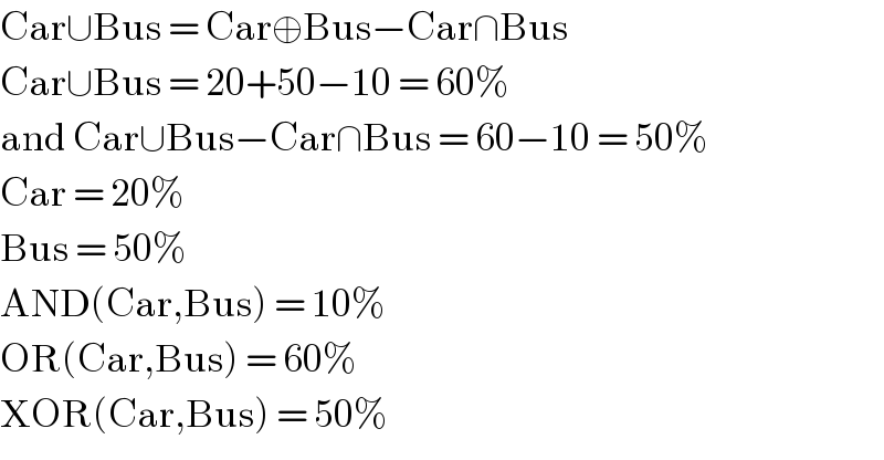 Car∪Bus = Car⊕Bus−Car∩Bus  Car∪Bus = 20+50−10 = 60%  and Car∪Bus−Car∩Bus = 60−10 = 50%  Car = 20%  Bus = 50%  AND(Car,Bus) = 10%  OR(Car,Bus) = 60%  XOR(Car,Bus) = 50%  