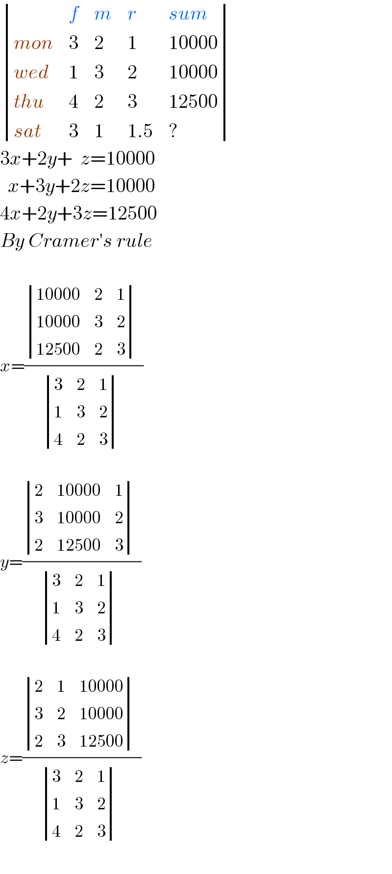  determinant ((,f,m,r,(sum)),((mon),3,2,1,(10000)),((wed),1,3,2,(10000)),((thu),4,2,3,(12500)),((sat),3,1,(1.5),?))  3x+2y+  z=10000    x+3y+2z=10000  4x+2y+3z=12500  By Cramer′s rule    x=( determinant (((10000),2,1),((10000),3,2),((12500),2,3))_ / determinant ((3,2,1),(1,3,2),(4,2,3))^ )    y=( determinant ((2,(10000),1),(3,(10000),2),(2,(12500),3))_ / determinant ((3,2,1),(1,3,2),(4,2,3))^ )    z=( determinant ((2,1,(10000)),(3,2,(10000)),(2,3,(12500)))_ / determinant ((3,2,1),(1,3,2),(4,2,3))^ )    