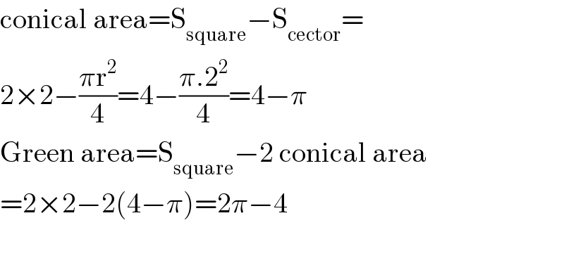 conical area=S_(square) −S_(cector) =  2×2−((πr^2 )/4)=4−((π.2^2 )/4)=4−π  Green area=S_(square) −2 conical area  =2×2−2(4−π)=2π−4    