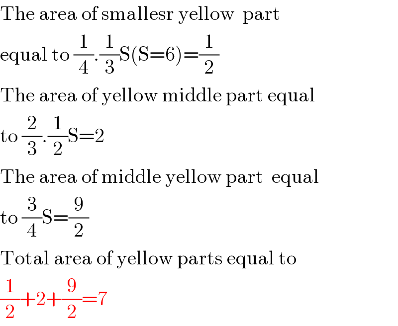 The area of smallesr yellow  part  equal to (1/4).(1/3)S(S=6)=(1/2)  The area of yellow middle part equal  to (2/3).(1/2)S=2  The area of middle yellow part  equal   to (3/4)S=(9/2)  Total area of yellow parts equal to  (1/2)+2+(9/2)=7  