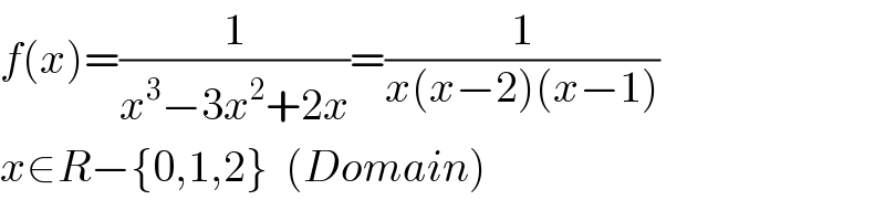 f(x)=(1/(x^3 −3x^2 +2x))=(1/(x(x−2)(x−1)))  x∈R−{0,1,2}  (Domain)  