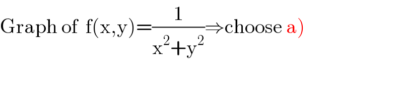 Graph of  f(x,y)=(1/(x^2 +y^2 ))⇒choose a)  