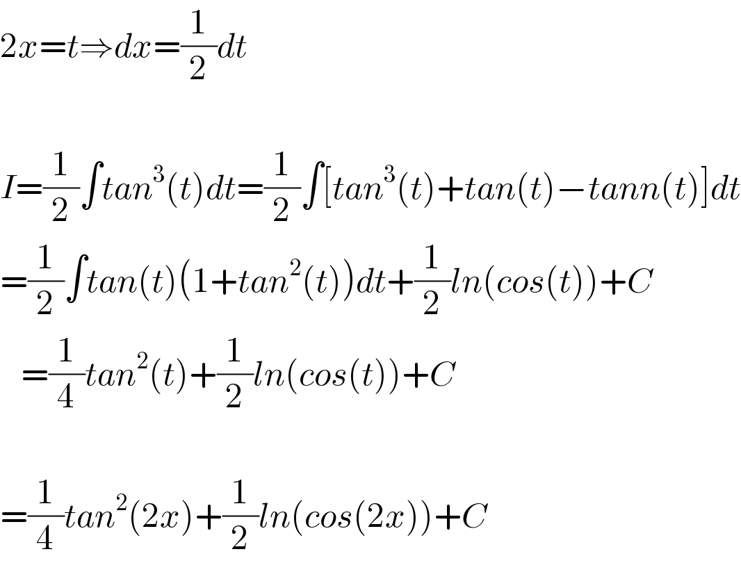 2x=t⇒dx=(1/2)dt    I=(1/2)∫tan^3 (t)dt=(1/2)∫[tan^3 (t)+tan(t)−tann(t)]dt  =(1/2)∫tan(t)(1+tan^2 (t))dt+(1/2)ln(cos(t))+C     =(1/4)tan^2 (t)+(1/2)ln(cos(t))+C    =(1/4)tan^2 (2x)+(1/2)ln(cos(2x))+C  