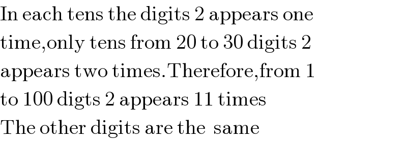 In each tens the digits 2 appears one  time,only tens from 20 to 30 digits 2  appears two times.Therefore,from 1  to 100 digts 2 appears 11 times  The other digits are the  same   