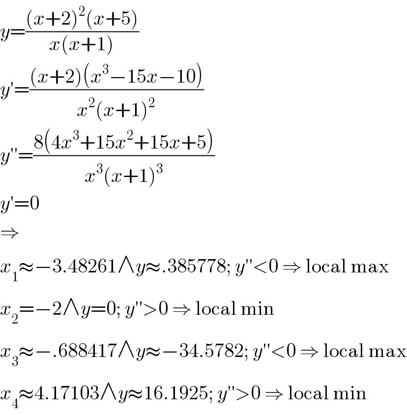 y=(((x+2)^2 (x+5))/(x(x+1)))  y′=(((x+2)(x^3 −15x−10))/(x^2 (x+1)^2 ))  y′′=((8(4x^3 +15x^2 +15x+5))/(x^3 (x+1)^3 ))  y′=0  ⇒  x_1 ≈−3.48261∧y≈.385778; y′′<0 ⇒ local max  x_2 =−2∧y=0; y′′>0 ⇒ local min  x_3 ≈−.688417∧y≈−34.5782; y′′<0 ⇒ local max  x_4 ≈4.17103∧y≈16.1925; y′′>0 ⇒ local min  