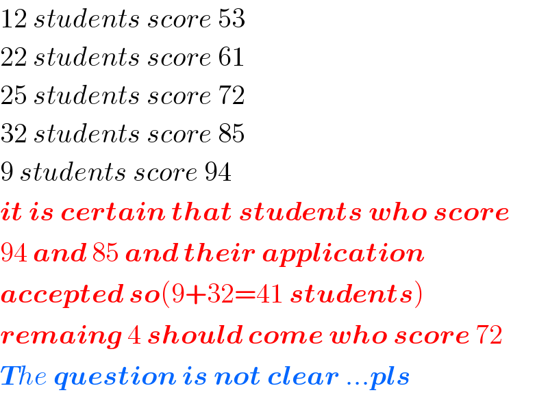 12 students score 53  22 students score 61  25 students score 72  32 students score 85  9 students score 94  it is certain that students who score  94 and 85 and their application  accepted so(9+32=41 students)  remaing 4 should come who score 72  The question is not clear ...pls  