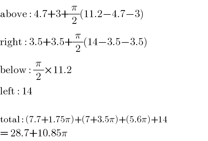 above : 4.7+3+(π/2)(11.2−4.7−3)  right : 3.5+3.5+(π/2)(14−3.5−3.5)  below : (π/2)×11.2  left : 14    total : (7.7+1.75π)+(7+3.5π)+(5.6π)+14  = 28.7+10.85π  