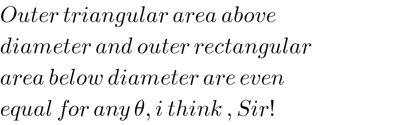 Outer triangular area above  diameter and outer rectangular  area below diameter are even  equal for any θ, i think , Sir!  