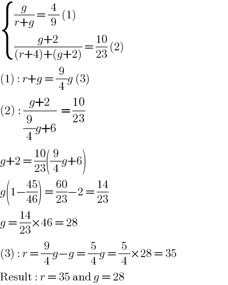  { (((g/(r+g)) = (4/9) (1))),((((g+2)/((r+4)+(g+2))) = ((10)/(23)) (2))) :}  (1) : r+g = (9/4)g (3)  (2) : ((g+2)/((9/4)g+6))  = ((10)/(23))  g+2 = ((10)/(23))((9/4)g+6)  g(1−((45)/(46))) = ((60)/(23))−2 = ((14)/(23))  g = ((14)/(23))×46 = 28  (3) : r = (9/4)g−g = (5/4)g = (5/4)×28 = 35  Result : r = 35 and g = 28  
