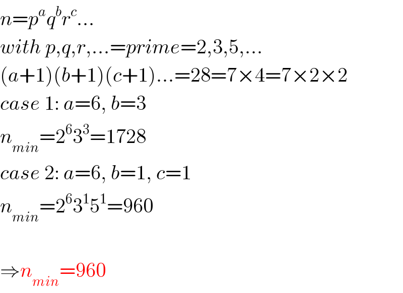 n=p^a q^b r^c ...  with p,q,r,...=prime=2,3,5,...  (a+1)(b+1)(c+1)...=28=7×4=7×2×2  case 1: a=6, b=3  n_(min) =2^6 3^3 =1728  case 2: a=6, b=1, c=1  n_(min) =2^6 3^1 5^1 =960    ⇒n_(min) =960  