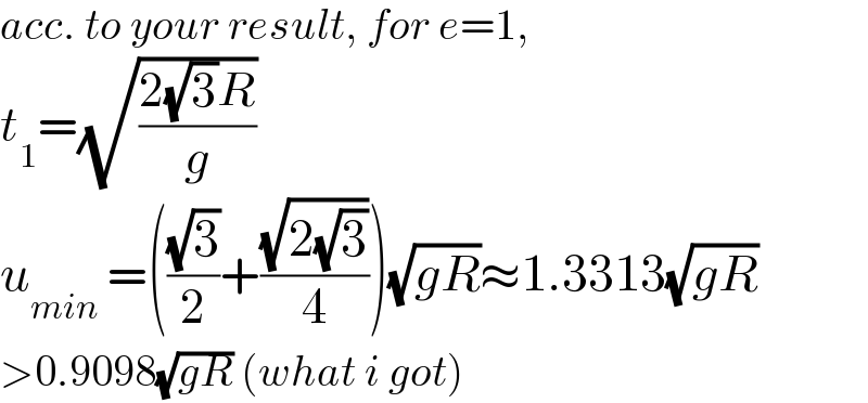 acc. to your result, for e=1,  t_1 =(√((2(√3)R)/g))   u_(min)  =(((√3)/2)+((√(2(√3)))/4))(√(gR))≈1.3313(√(gR))  >0.9098(√(gR)) (what i got)  