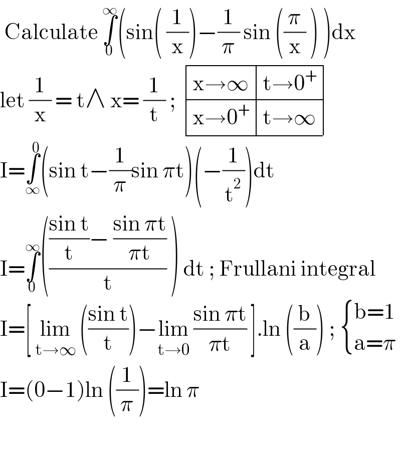  Calculate ∫_0 ^∞ (sin( (1/x))−(1/π) sin ((π/x) ) )dx  let (1/x) = t∧ x= (1/t) ;  determinant (((x→∞),(t→0^+ )),((x→0^+ ),(t→∞)))  I=∫_∞ ^0 (sin t−(1/π)sin πt)(−(1/t^2 ))dt   I=∫_0 ^∞ (((((sin t)/t)− ((sin πt)/(πt)))/t) ) dt ; Frullani integral  I=[ lim_(t→∞)  (((sin t)/t))−lim_(t→0)  ((sin πt)/(πt)) ].ln ((b/a)) ;  { ((b=1)),((a=π)) :}  I=(0−1)ln ((1/π))=ln π     