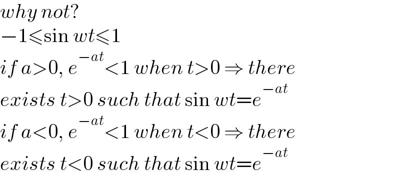 why not?  −1≤sin wt≤1  if a>0, e^(−at) <1 when t>0 ⇒ there  exists t>0 such that sin wt=e^(−at)   if a<0, e^(−at) <1 when t<0 ⇒ there  exists t<0 such that sin wt=e^(−at)   