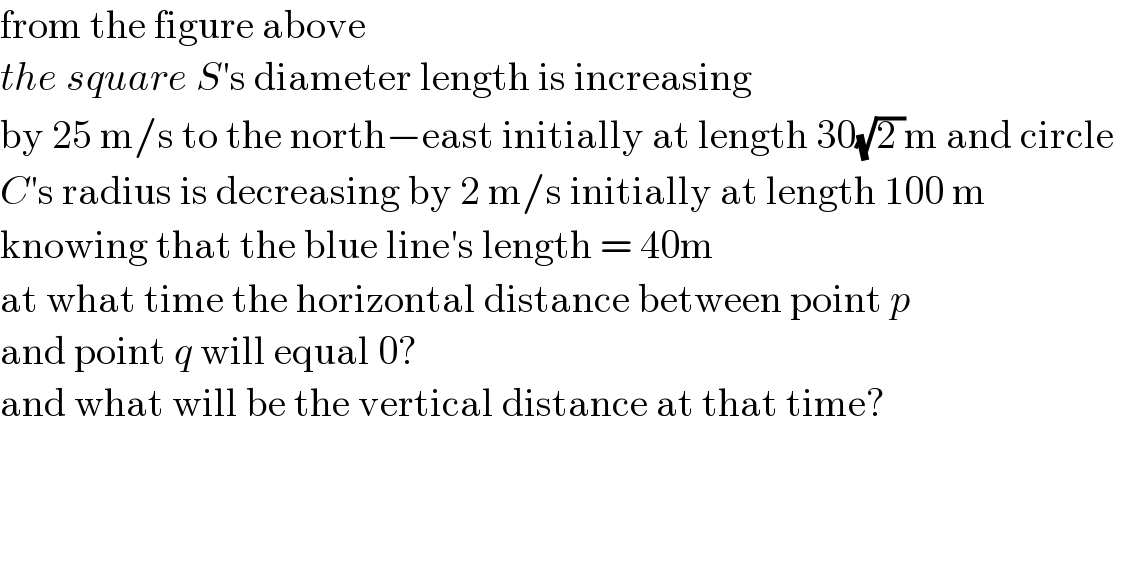 from the figure above  the square S′s diameter length is increasing  by 25 m/s to the north−east initially at length 30(√(2 ))m and circle   C′s radius is decreasing by 2 m/s initially at length 100 m  knowing that the blue line′s length = 40m  at what time the horizontal distance between point p  and point q will equal 0?  and what will be the vertical distance at that time?    