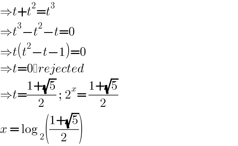 ⇒t+t^2 =t^3   ⇒t^3 −t^2 −t=0  ⇒t(t^2 −t−1)=0  ⇒t=0 rejected  ⇒t=((1+(√5))/2) ; 2^x = ((1+(√5))/2)  x = log _2 (((1+(√5))/2))  