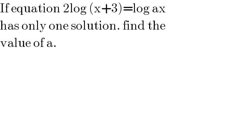 If equation 2log (x+3)=log ax  has only one solution. find the  value of a.  