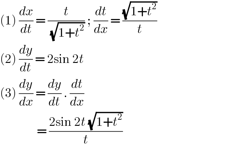 (1) (dx/dt) = (t/( (√(1+t^2 )))) ; (dt/dx) = ((√(1+t^2 ))/t)  (2) (dy/dt) = 2sin 2t  (3) (dy/dx) = (dy/dt) . (dt/dx)                 = ((2sin 2t (√(1+t^2 )))/t)  