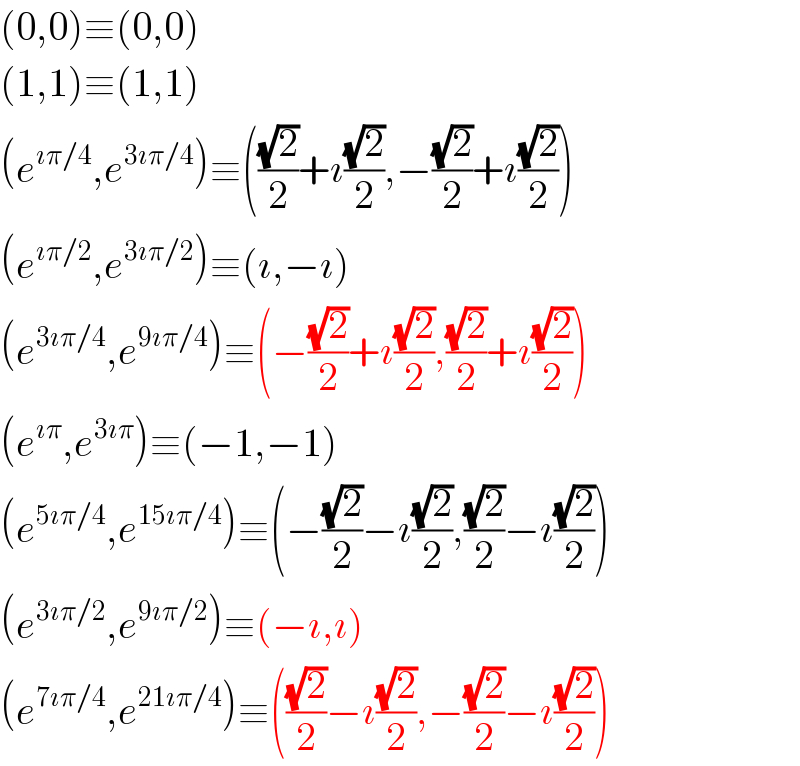 (0,0)≡(0,0)  (1,1)≡(1,1)                             (e^(ıπ/4) ,e^(3ıπ/4) )≡(((√2)/2)+ı((√2)/2),−((√2)/2)+ı((√2)/2))  (e^(ıπ/2) ,e^(3ıπ/2) )≡(ı,−ı)  (e^(3ıπ/4) ,e^(9ıπ/4) )≡(−((√2)/2)+ı((√2)/2),((√2)/2)+ı((√2)/2))  (e^(ıπ) ,e^(3ıπ) )≡(−1,−1)  (e^(5ıπ/4) ,e^(15ıπ/4) )≡(−((√2)/2)−ı((√2)/2),((√2)/2)−ı((√2)/2))  (e^(3ıπ/2) ,e^(9ıπ/2) )≡(−ı,ı)  (e^(7ıπ/4) ,e^(21ıπ/4) )≡(((√2)/2)−ı((√2)/2),−((√2)/2)−ı((√2)/2))  