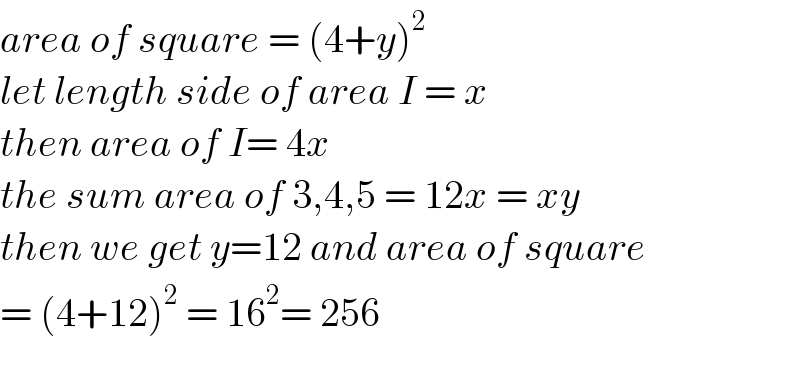 area of square = (4+y)^2   let length side of area I = x  then area of I= 4x   the sum area of 3,4,5 = 12x = xy  then we get y=12 and area of square  = (4+12)^2  = 16^2 = 256    