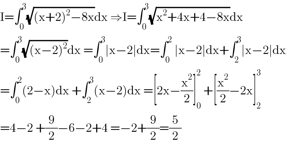 I=∫_0 ^3 (√((x+2)^2 −8x))dx ⇒I=∫_0 ^3 (√(x^2 +4x+4−8x))dx  =∫_0 ^3 (√((x−2)^2 ))dx =∫_0 ^3 ∣x−2∣dx=∫_0 ^2  ∣x−2∣dx+∫_2 ^3 ∣x−2∣dx  =∫_0 ^2 (2−x)dx +∫_2 ^3 (x−2)dx =[2x−(x^2 /2)]_0 ^2  +[(x^2 /2)−2x]_2 ^3   =4−2 +(9/2)−6−2+4 =−2+(9/2)=(5/2)  