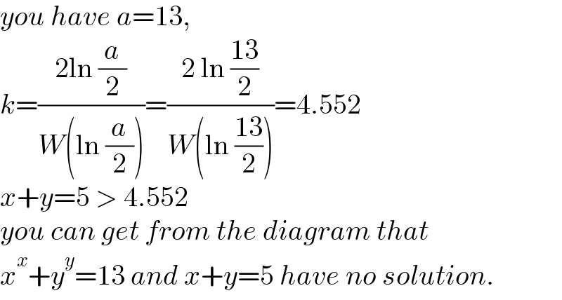 you have a=13,  k=((2ln (a/2))/(W(ln (a/2))))=((2 ln ((13)/2))/(W(ln ((13)/2))))=4.552  x+y=5 > 4.552  you can get from the diagram that  x^x +y^y =13 and x+y=5 have no solution.  