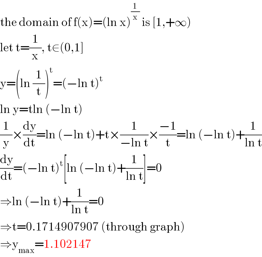 the domain of f(x)=(ln x)^(1/x)  is [1,+∞)  let t=(1/x), t∈(0,1]  y=(ln (1/t))^t =(−ln t)^t   ln y=tln (−ln t)  (1/y)×(dy/dt)=ln (−ln t)+t×(1/(−ln t))×((−1)/t)=ln (−ln t)+(1/(ln t))  (dy/dt)=(−ln t)^t [ln (−ln t)+(1/(ln t))]=0  ⇒ln (−ln t)+(1/(ln t))=0  ⇒t=0.1714907907 (through graph)  ⇒y_(max) =1.102147  