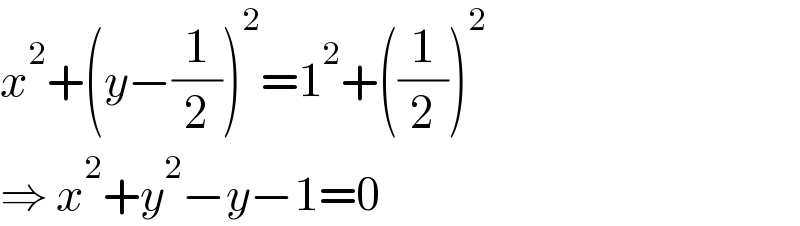x^2 +(y−(1/2))^2 =1^2 +((1/2))^2   ⇒ x^2 +y^2 −y−1=0  