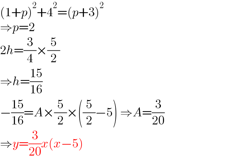 (1+p)^2 +4^2 =(p+3)^2   ⇒p=2  2h=(3/4)×(5/2)  ⇒h=((15)/(16))  −((15)/(16))=A×(5/2)×((5/2)−5) ⇒A=(3/(20))  ⇒y=(3/(20))x(x−5)  