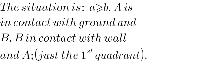 The situation is:  a≥b. A is  in contact with ground and  B. B in contact with wall  and A;(just the 1^(st)  quadrant).  