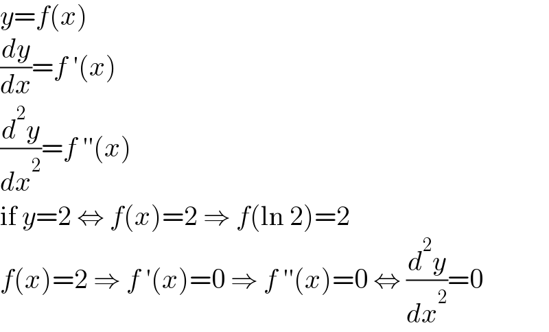 y=f(x)  (dy/dx)=f ′(x)  (d^2 y/dx^2 )=f ′′(x)  if y=2 ⇔ f(x)=2 ⇒ f(ln 2)=2  f(x)=2 ⇒ f ′(x)=0 ⇒ f ′′(x)=0 ⇔ (d^2 y/dx^2 )=0  