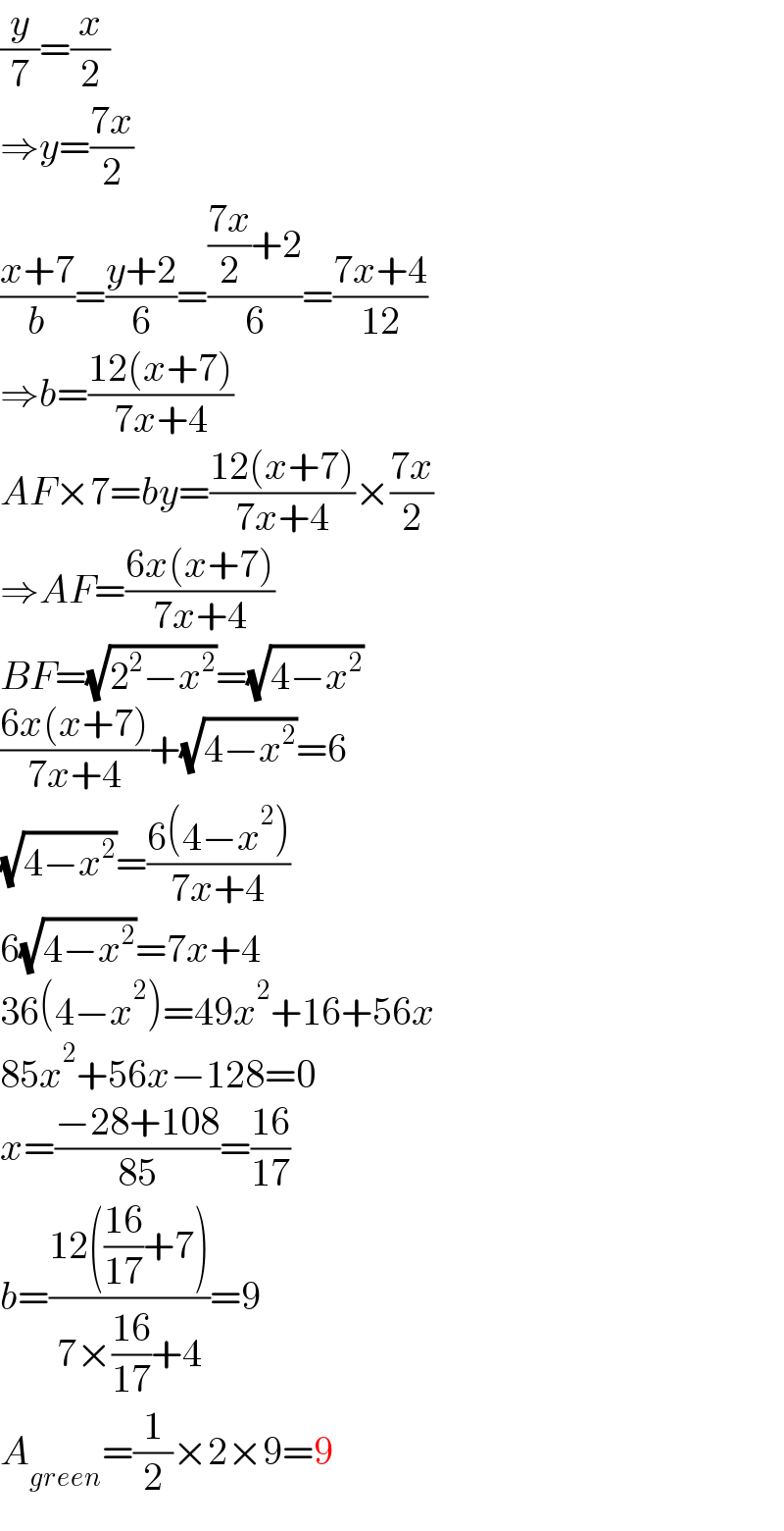 (y/7)=(x/2)  ⇒y=((7x)/2)  ((x+7)/b)=((y+2)/6)=((((7x)/2)+2)/6)=((7x+4)/(12))  ⇒b=((12(x+7))/(7x+4))  AF×7=by=((12(x+7))/(7x+4))×((7x)/2)  ⇒AF=((6x(x+7))/(7x+4))  BF=(√(2^2 −x^2 ))=(√(4−x^2 ))  ((6x(x+7))/(7x+4))+(√(4−x^2 ))=6  (√(4−x^2 ))=((6(4−x^2 ))/(7x+4))  6(√(4−x^2 ))=7x+4  36(4−x^2 )=49x^2 +16+56x  85x^2 +56x−128=0  x=((−28+108)/(85))=((16)/(17))  b=((12(((16)/(17))+7))/(7×((16)/(17))+4))=9  A_(green) =(1/2)×2×9=9  