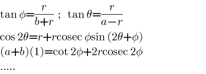 tan φ=(r/(b+r))  ;   tan θ=(r/(a−r))  cos 2θ=r+rcosec φsin (2θ+φ)  (a+b)(1)=cot 2φ+2rcosec 2φ  .....  