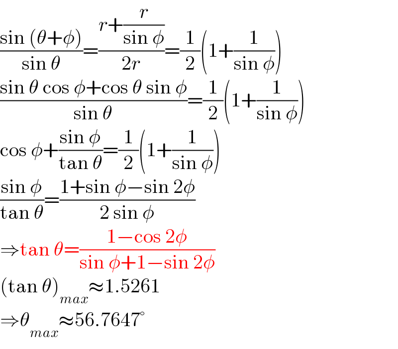 ((sin (θ+φ))/(sin θ))=((r+(r/(sin φ)))/(2r))=(1/2)(1+(1/(sin φ)))  ((sin θ cos φ+cos θ sin φ)/(sin θ))=(1/2)(1+(1/(sin φ)))  cos φ+((sin φ)/(tan θ))=(1/2)(1+(1/(sin φ)))  ((sin φ)/(tan θ))=((1+sin φ−sin 2φ)/(2 sin φ))  ⇒tan θ=((1−cos 2φ)/(sin φ+1−sin 2φ))  (tan θ)_(max) ≈1.5261  ⇒θ_(max) ≈56.7647°  