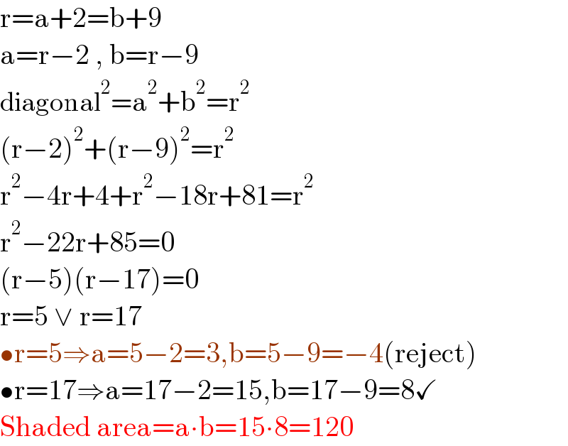 r=a+2=b+9  a=r−2 , b=r−9  diagonal^2 =a^2 +b^2 =r^2   (r−2)^2 +(r−9)^2 =r^2   r^2 −4r+4+r^2 −18r+81=r^2   r^2 −22r+85=0  (r−5)(r−17)=0  r=5 ∨ r=17  •r=5⇒a=5−2=3,b=5−9=−4(reject)  •r=17⇒a=17−2=15,b=17−9=8✓  Shaded area=a∙b=15∙8=120  