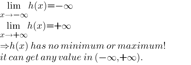 lim_(x→−∞) h(x)=−∞  lim_(x→+∞) h(x)=+∞  ⇒h(x) has no minimum or maximum!  it can get any value in (−∞,+∞).  