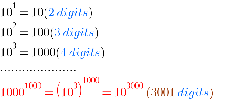 10^1  = 10(2 digits)  10^2  = 100(3 digits)  10^3  = 1000(4 digits)  .....................  1000^(1000)  = (10^3 )^(1000)  = 10^(3000)  (3001 digits)  