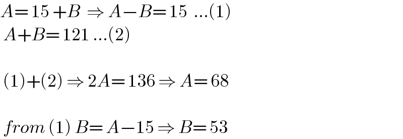 A= 15 +B  ⇒ A−B= 15  ...(1)   A+B= 121 ...(2)     (1)+(2) ⇒ 2A= 136 ⇒ A= 68      from (1) B= A−15 ⇒ B= 53  