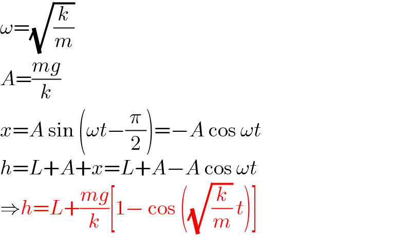 ω=(√(k/m))  A=((mg)/k)  x=A sin (ωt−(π/2))=−A cos ωt  h=L+A+x=L+A−A cos ωt  ⇒h=L+((mg)/k)[1− cos ((√(k/m)) t)]  