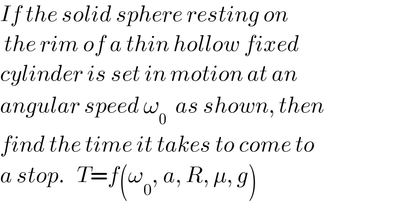 If the solid sphere resting on   the rim of a thin hollow fixed   cylinder is set in motion at an   angular speed ω_0   as shown, then  find the time it takes to come to  a stop.   T=f(ω_0 , a, R, μ, g)  